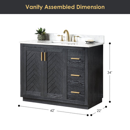 Gazsi 42" Single Bathroom Vanity Set in Black Oak with Grain White Engineered Stone Countertop without Mirror