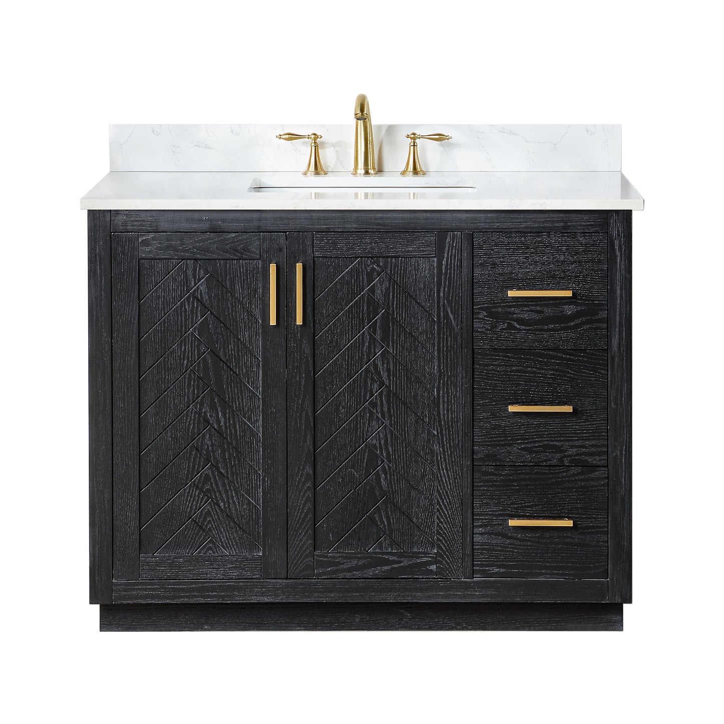 Gazsi 42" Single Bathroom Vanity Set in Black Oak with Grain White Engineered Stone Countertop without Mirror