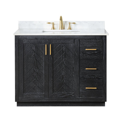 Gazsi 42" Single Bathroom Vanity Set in Black Oak with Grain White Engineered Stone Countertop without Mirror