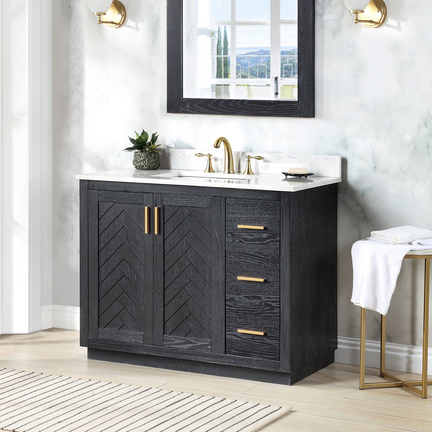 Gazsi 42" Single Bathroom Vanity Set in Black Oak with Grain White Engineered Stone Countertop without Mirror