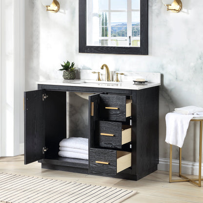 Gazsi 42" Single Bathroom Vanity Set in Black Oak with Grain White Engineered Stone Countertop without Mirror