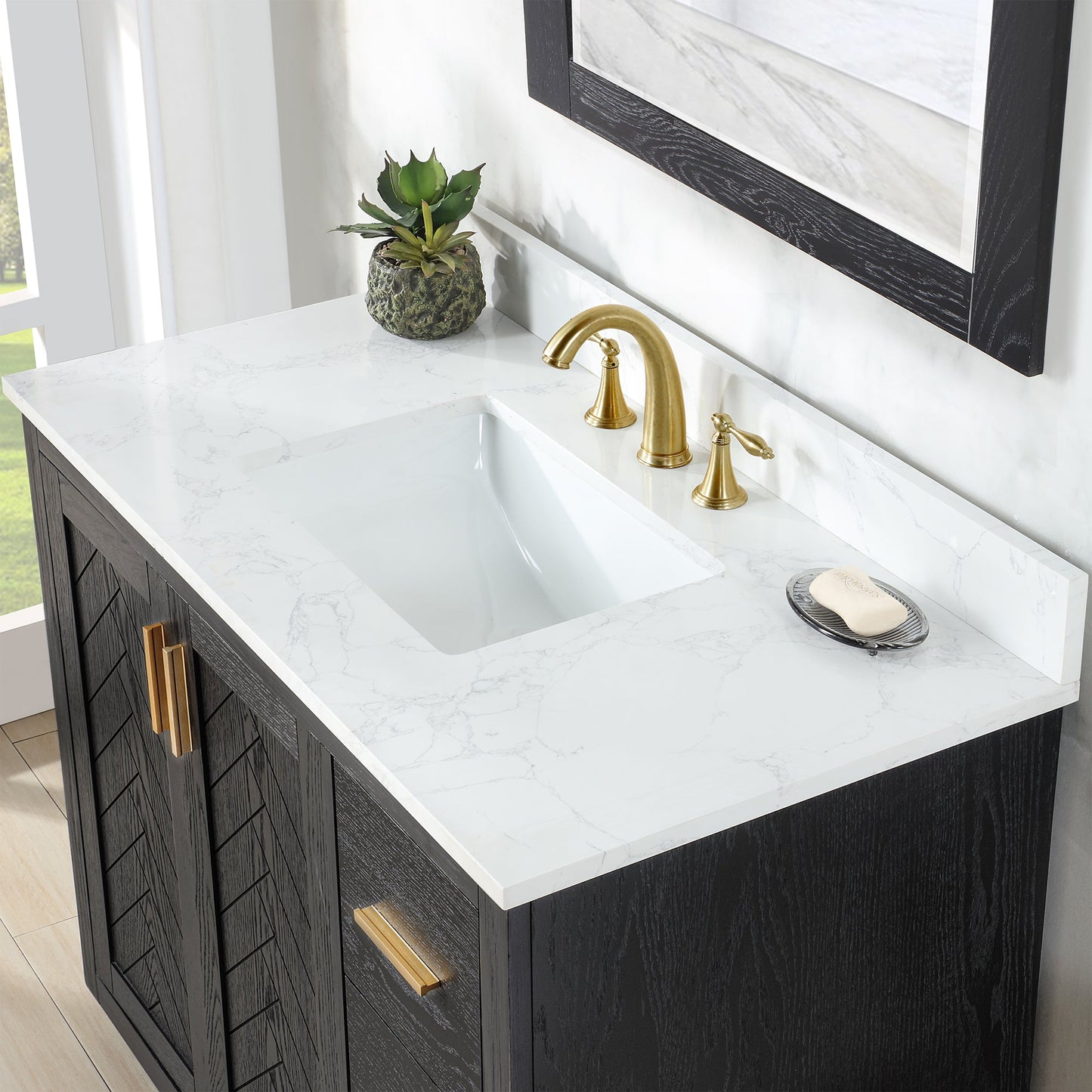 Gazsi 42" Single Bathroom Vanity Set in Black Oak with Grain White Engineered Stone Countertop without Mirror