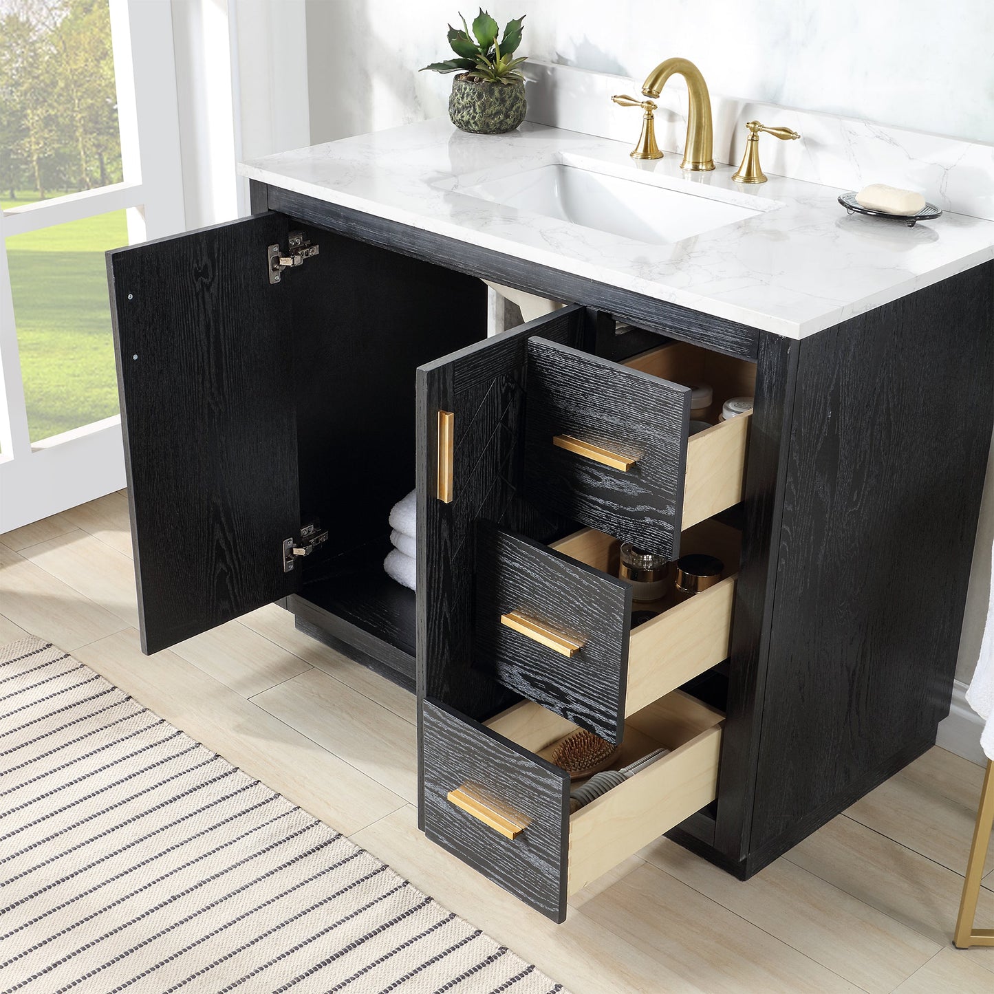Gazsi 42" Single Bathroom Vanity Set in Black Oak with Grain White Engineered Stone Countertop without Mirror