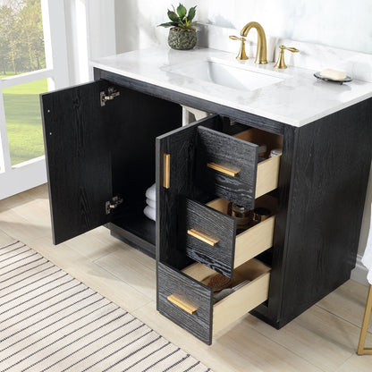 Gazsi 42" Single Bathroom Vanity Set in Black Oak with Grain White Engineered Stone Countertop without Mirror