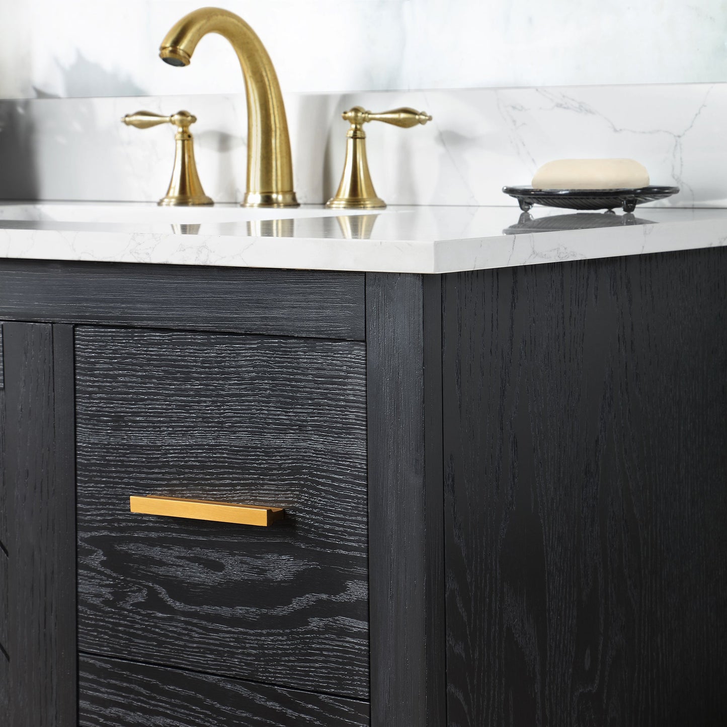 Gazsi 42" Single Bathroom Vanity Set in Black Oak with Grain White Engineered Stone Countertop with Mirror