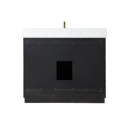 Gazsi 42" Single Bathroom Vanity Set in Black Oak with Grain White Engineered Stone Countertop with Mirror