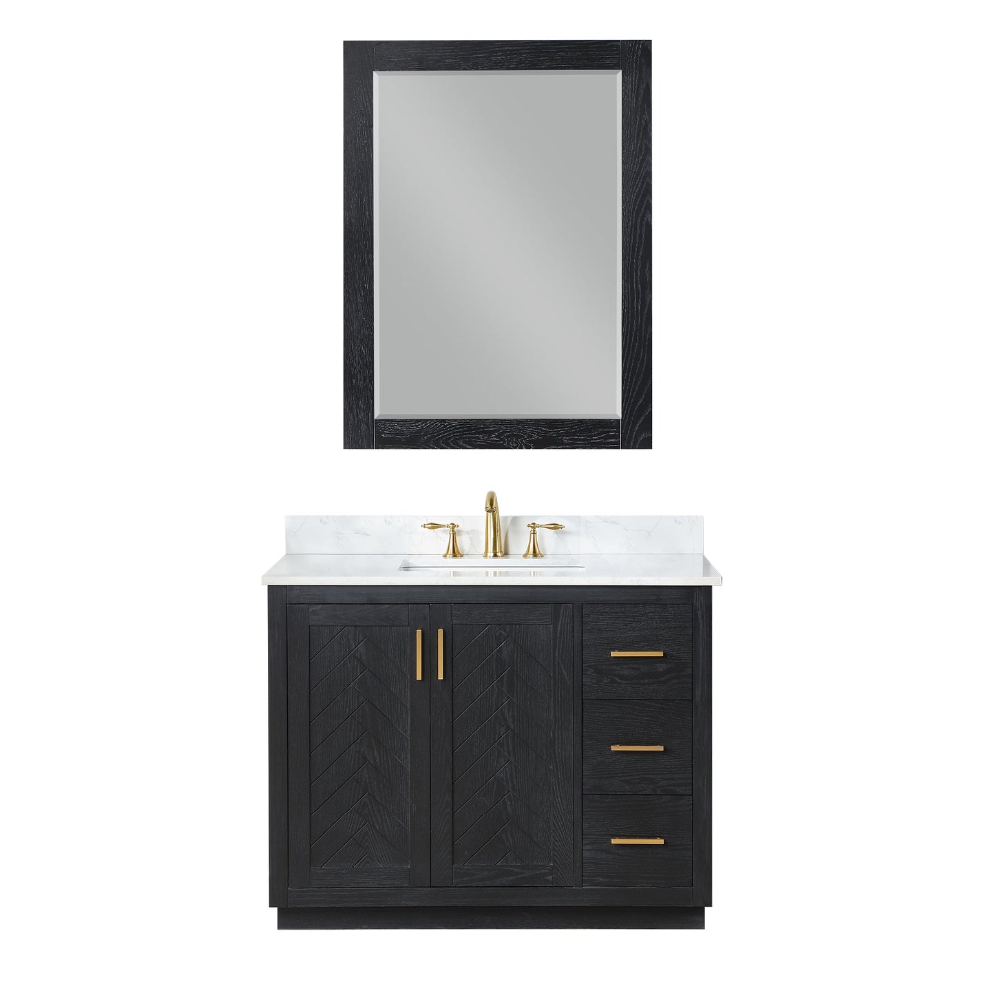 Gazsi 42" Single Bathroom Vanity Set in Black Oak with Grain White Engineered Stone Countertop with Mirror