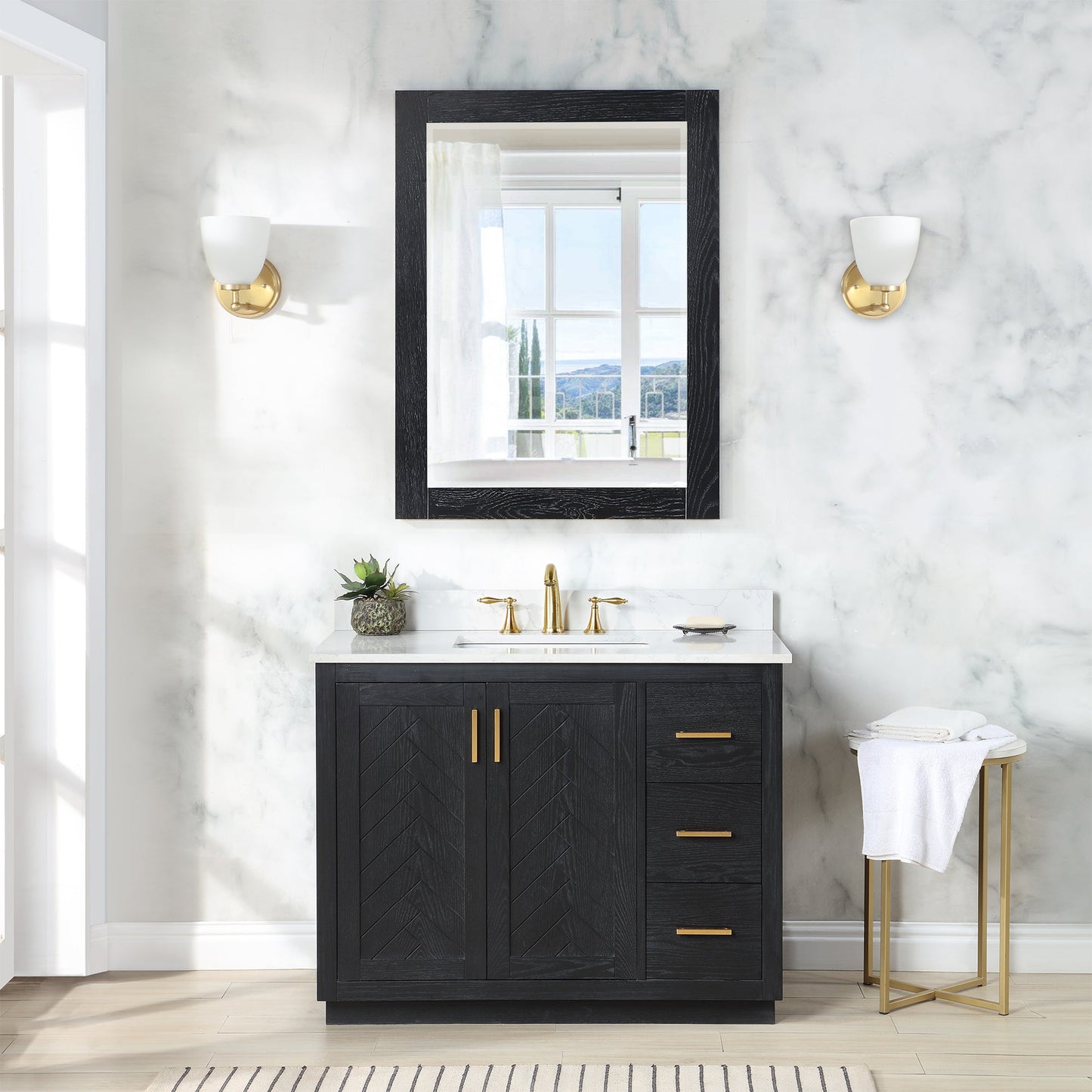 Gazsi 42" Single Bathroom Vanity Set in Black Oak with Grain White Engineered Stone Countertop with Mirror