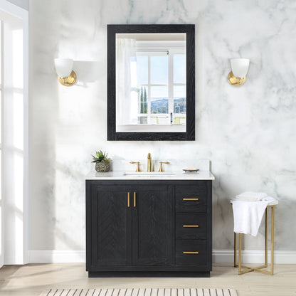 Gazsi 42" Single Bathroom Vanity Set in Black Oak with Grain White Engineered Stone Countertop with Mirror