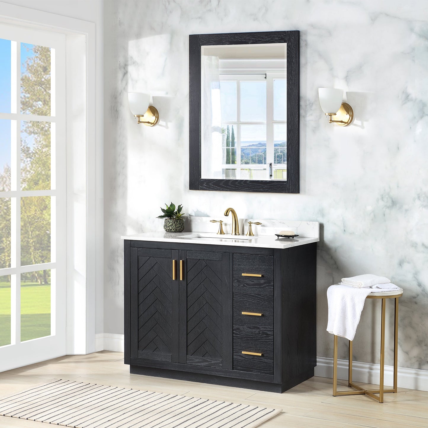 Gazsi 42" Single Bathroom Vanity Set in Black Oak with Grain White Engineered Stone Countertop with Mirror