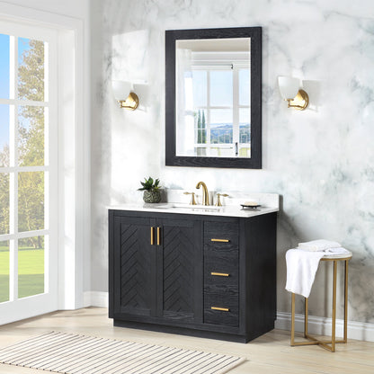 Gazsi 42" Single Bathroom Vanity Set in Black Oak with Grain White Engineered Stone Countertop with Mirror
