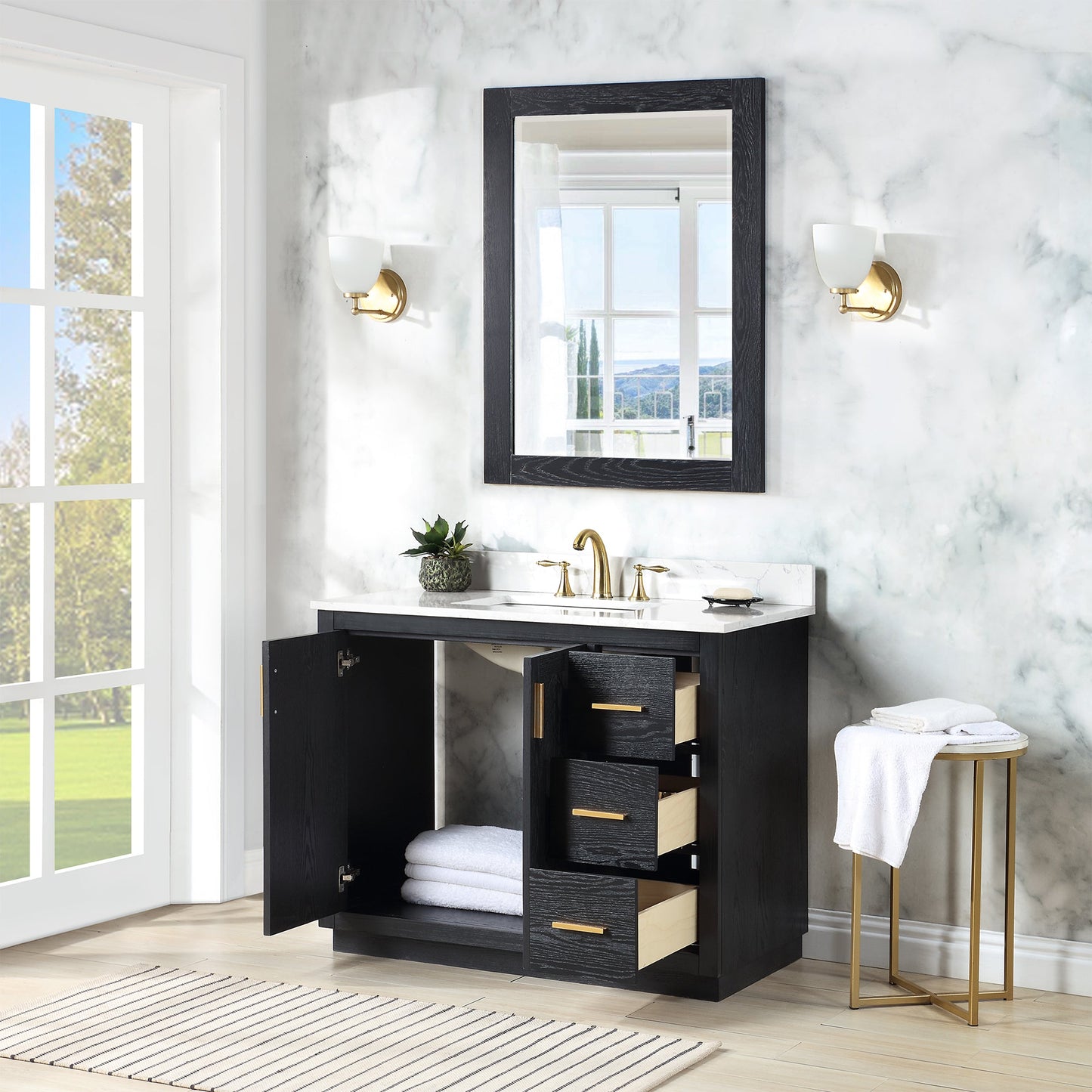 Gazsi 42" Single Bathroom Vanity Set in Black Oak with Grain White Engineered Stone Countertop with Mirror