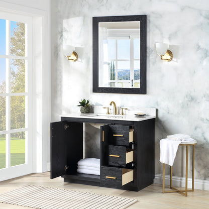 Gazsi 42" Single Bathroom Vanity Set in Black Oak with Grain White Engineered Stone Countertop with Mirror