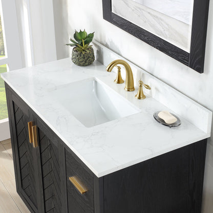 Gazsi 42" Single Bathroom Vanity Set in Black Oak with Grain White Engineered Stone Countertop with Mirror