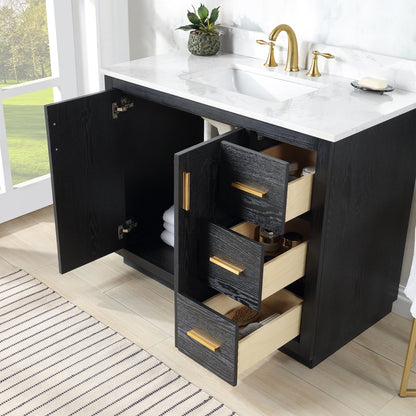 Gazsi 42" Single Bathroom Vanity Set in Black Oak with Grain White Engineered Stone Countertop with Mirror