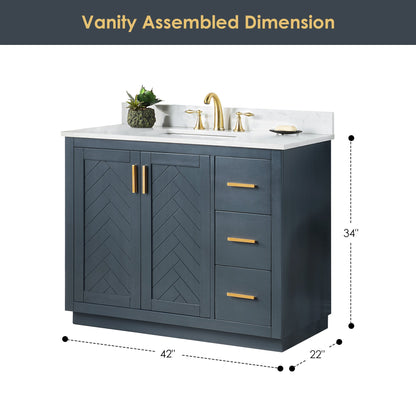 Gazsi 42" Single Bathroom Vanity Set in Classic Blue with Grain White Engineered Stone Countertop without Mirror