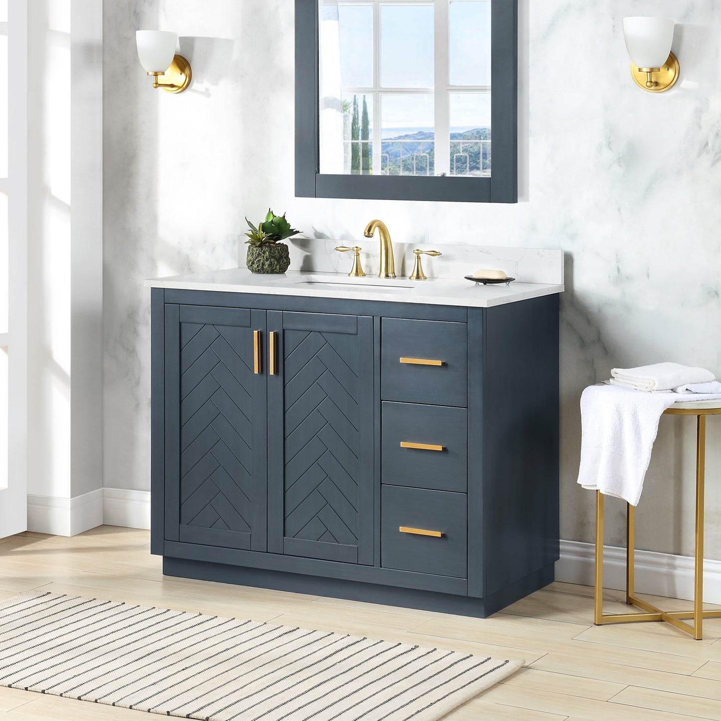 Gazsi 42" Single Bathroom Vanity Set in Classic Blue with Grain White Engineered Stone Countertop without Mirror