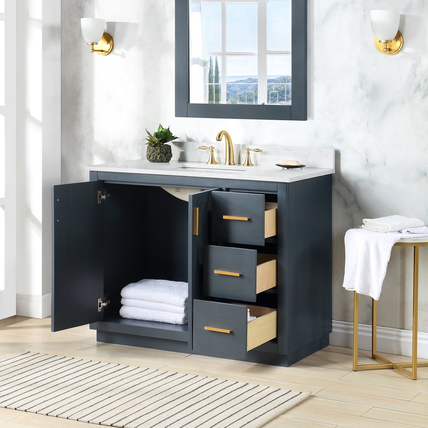Gazsi 42" Single Bathroom Vanity Set in Classic Blue with Grain White Engineered Stone Countertop without Mirror