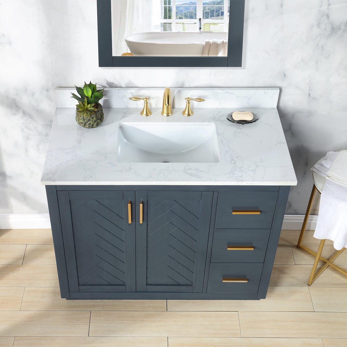 Gazsi 42" Single Bathroom Vanity Set in Classic Blue with Grain White Engineered Stone Countertop without Mirror