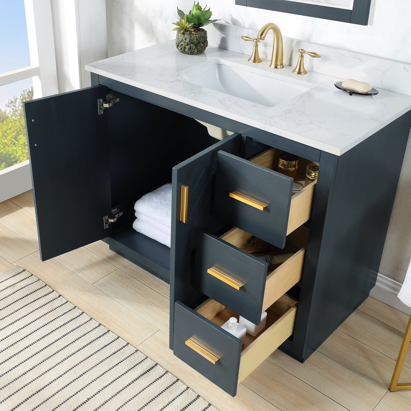 Gazsi 42" Single Bathroom Vanity Set in Classic Blue with Grain White Engineered Stone Countertop without Mirror