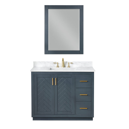 Gazsi 42" Single Bathroom Vanity Set in Classic Blue with Grain White Engineered Stone Countertop with Mirror