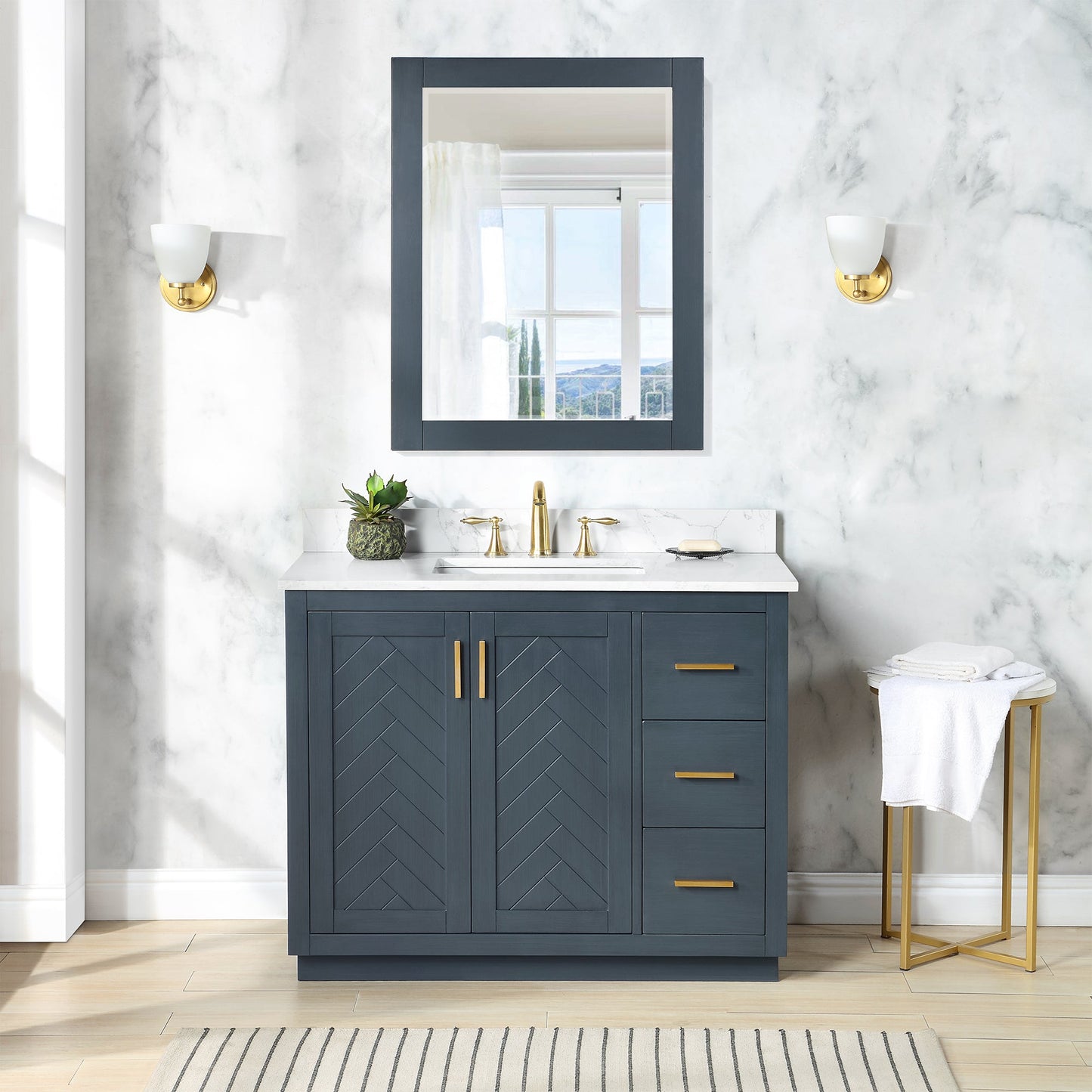 Gazsi 42" Single Bathroom Vanity Set in Classic Blue with Grain White Engineered Stone Countertop with Mirror