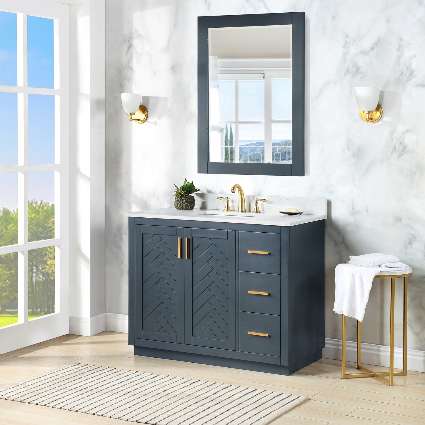 Gazsi 42" Single Bathroom Vanity Set in Classic Blue with Grain White Engineered Stone Countertop with Mirror