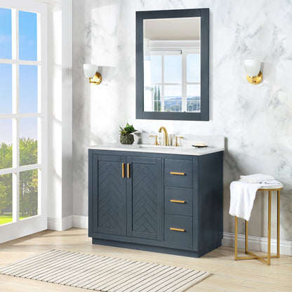 Gazsi 42" Single Bathroom Vanity Set in Classic Blue with Grain White Engineered Stone Countertop with Mirror
