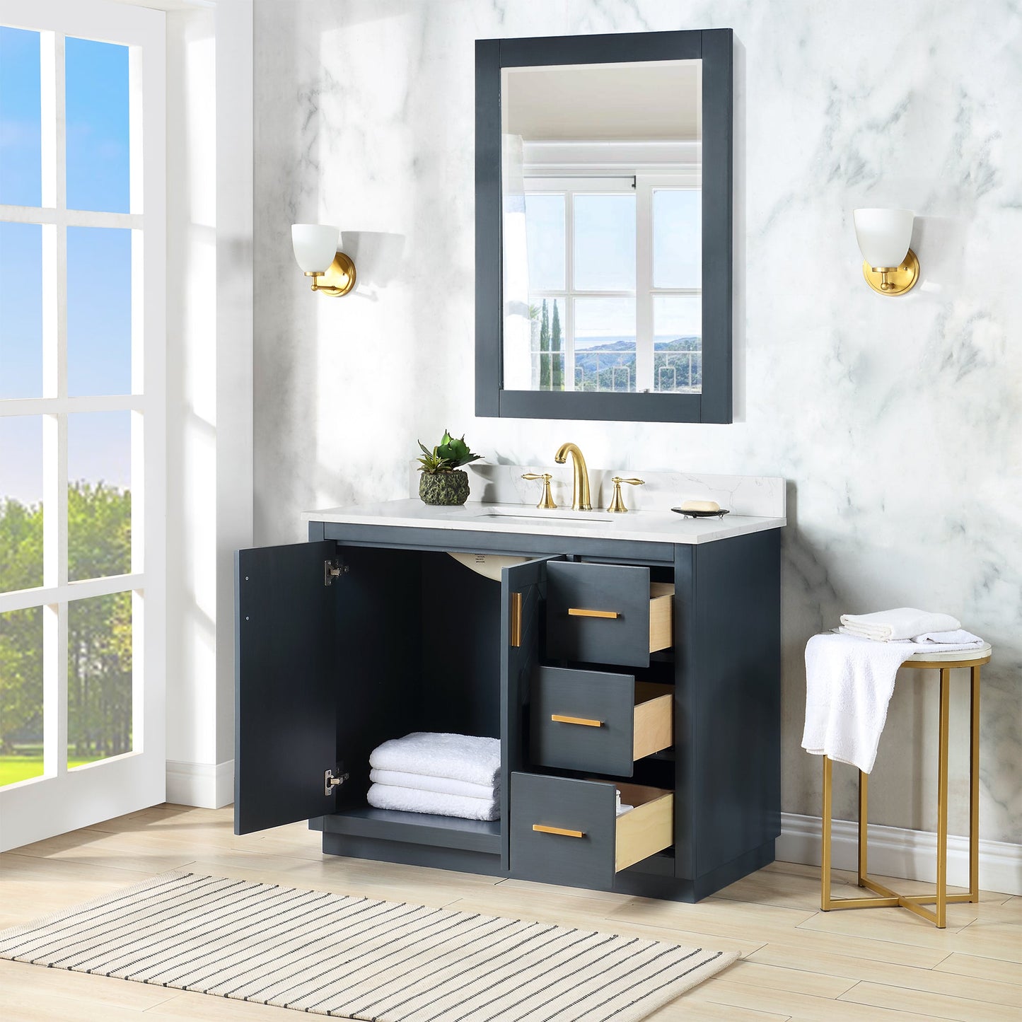 Gazsi 42" Single Bathroom Vanity Set in Classic Blue with Grain White Engineered Stone Countertop with Mirror