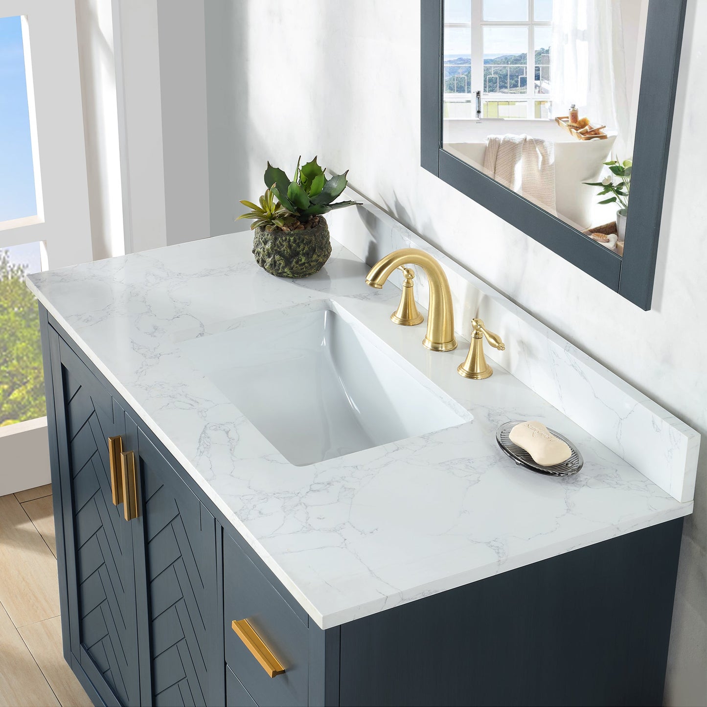 Gazsi 42" Single Bathroom Vanity Set in Classic Blue with Grain White Engineered Stone Countertop with Mirror
