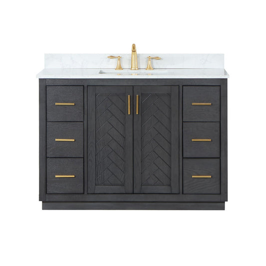 Gazsi 48" Single Bathroom Vanity Set in Brown Oak with Grain White Engineered Stone Countertop without Mirror