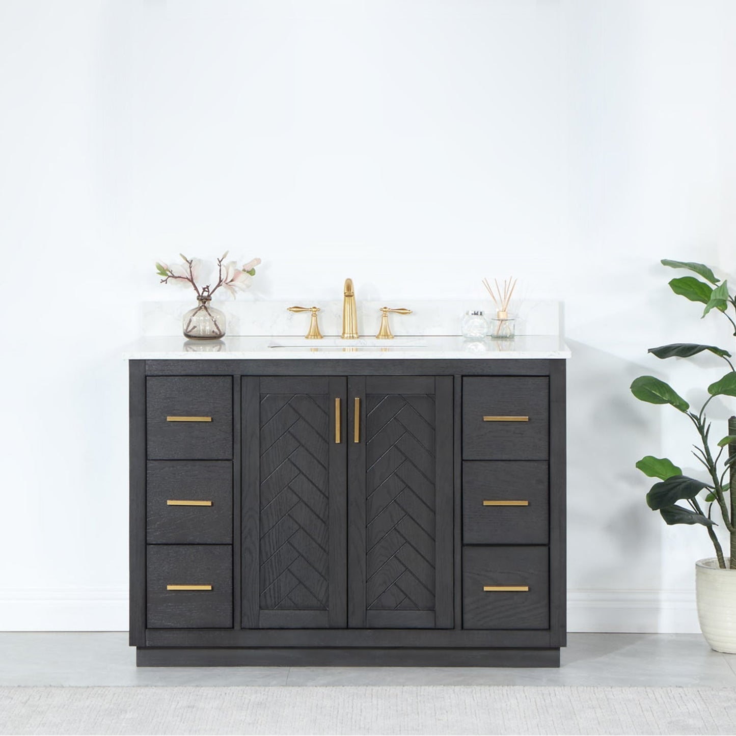 Gazsi 48" Single Bathroom Vanity Set in Brown Oak with Grain White Engineered Stone Countertop without Mirror