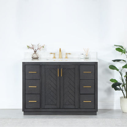 Gazsi 48" Single Bathroom Vanity Set in Brown Oak with Grain White Engineered Stone Countertop without Mirror