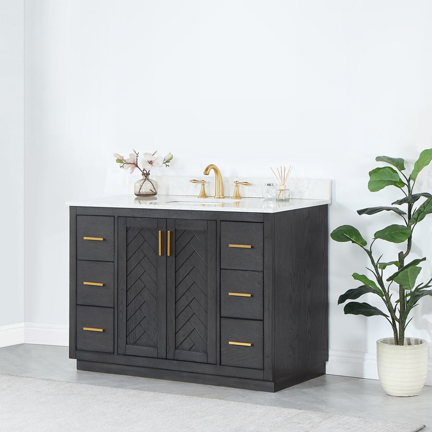 Gazsi 48" Single Bathroom Vanity Set in Brown Oak with Grain White Engineered Stone Countertop without Mirror