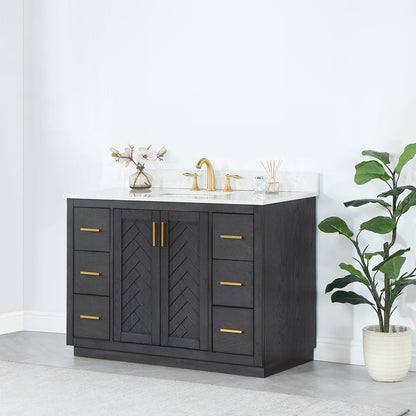 Gazsi 48" Single Bathroom Vanity Set in Brown Oak with Grain White Engineered Stone Countertop without Mirror