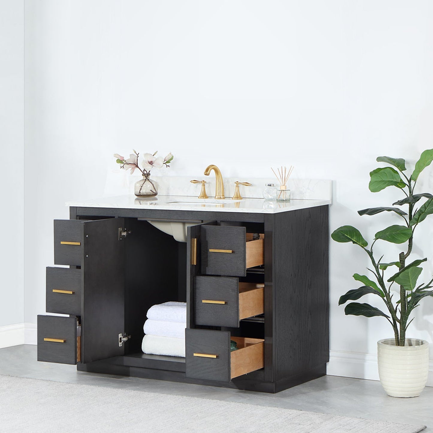 Gazsi 48" Single Bathroom Vanity Set in Brown Oak with Grain White Engineered Stone Countertop without Mirror