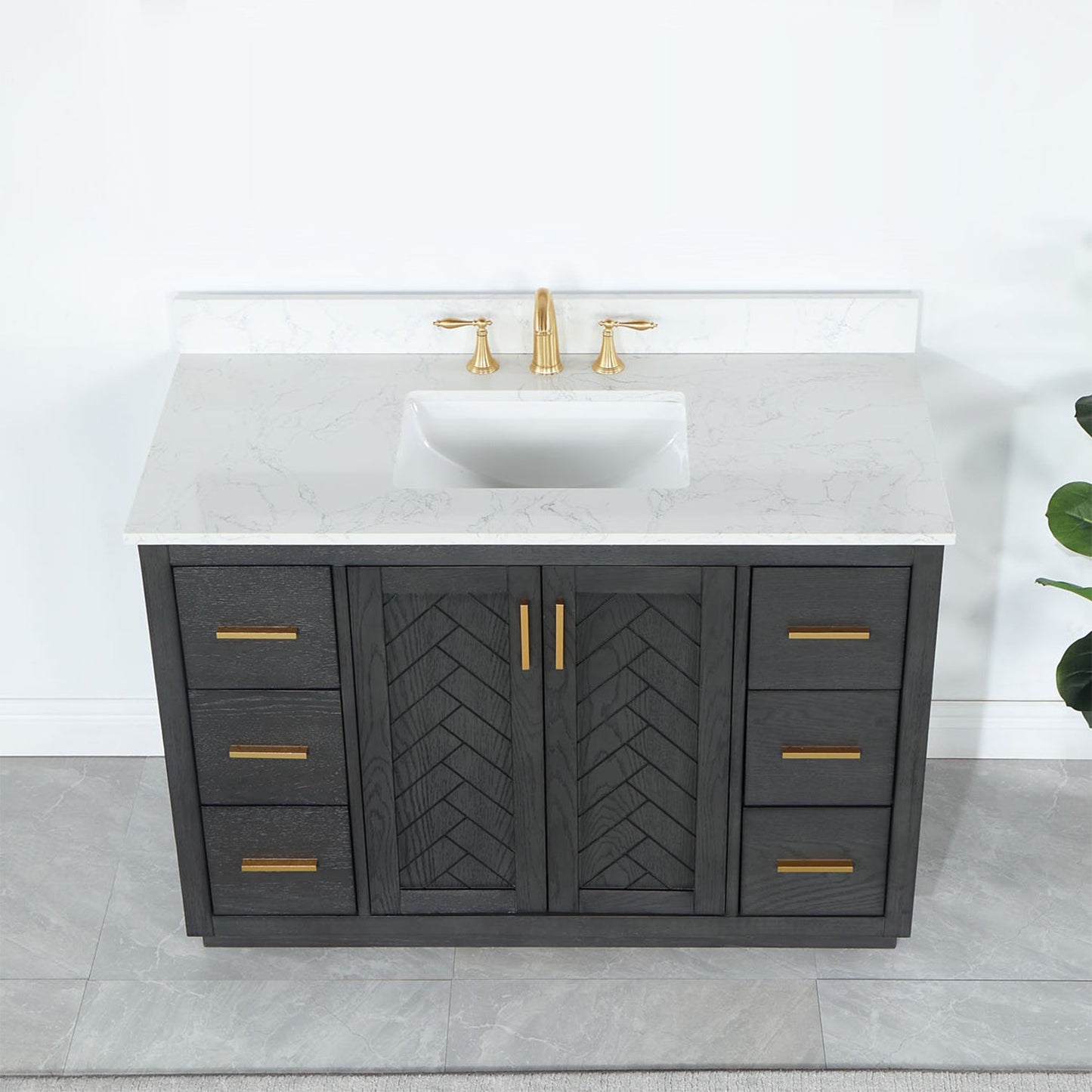 Gazsi 48" Single Bathroom Vanity Set in Brown Oak with Grain White Engineered Stone Countertop without Mirror
