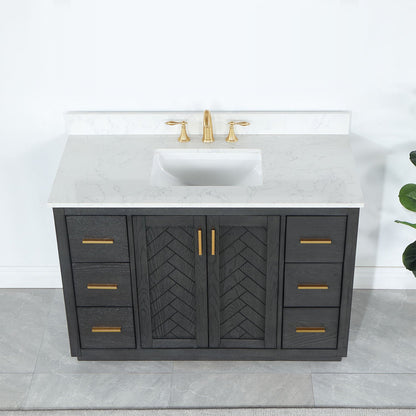 Gazsi 48" Single Bathroom Vanity Set in Brown Oak with Grain White Engineered Stone Countertop without Mirror