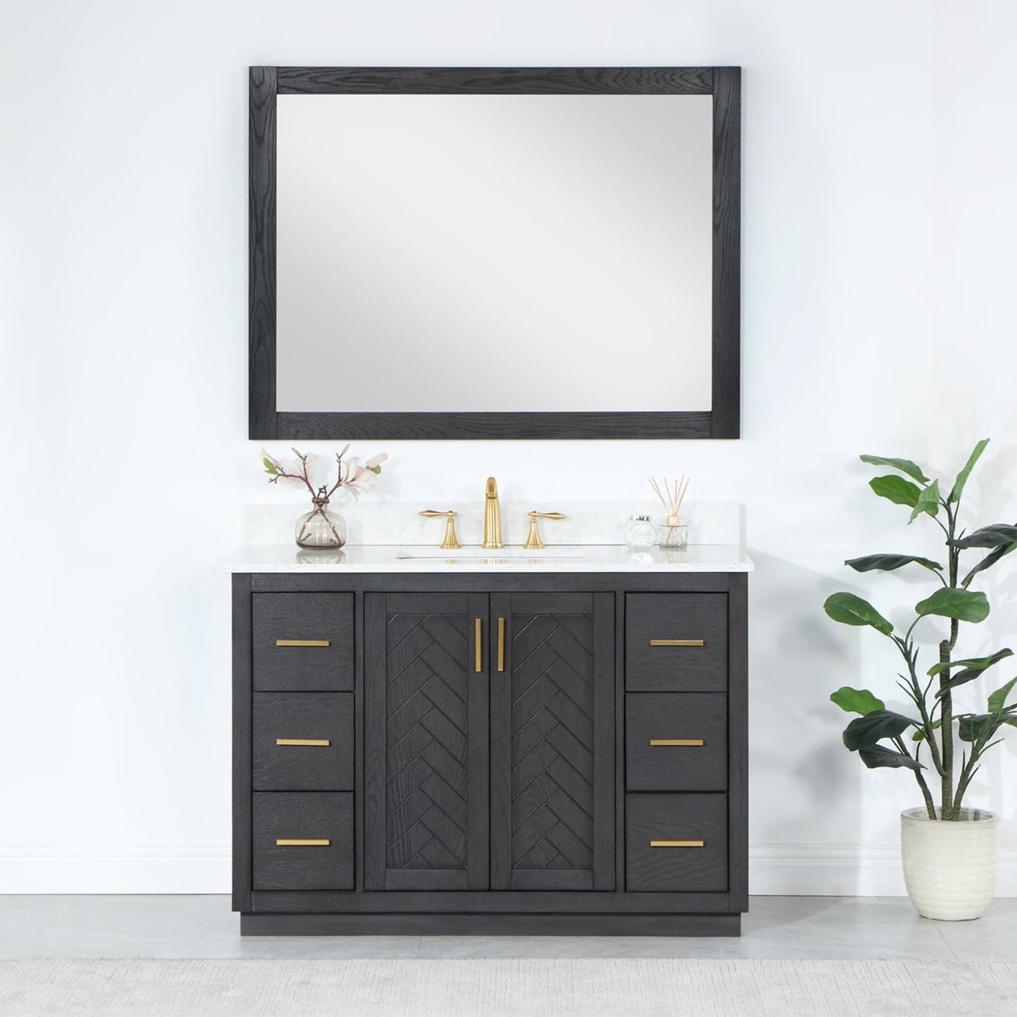 Gazsi 48" Single Bathroom Vanity Set in Brown Oak with Grain White Engineered Stone Countertop with Mirror