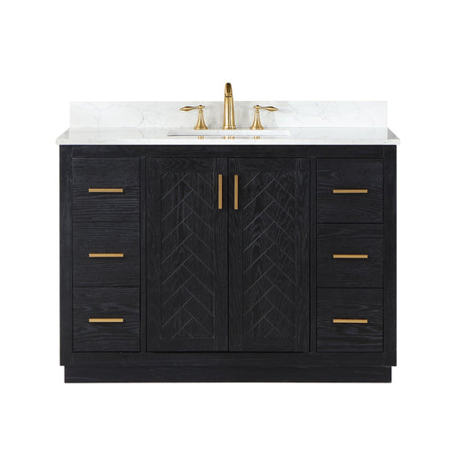 Gazsi 48" Single Bathroom Vanity Set in Black Oak with Grain White Engineered Stone Countertop without Mirror