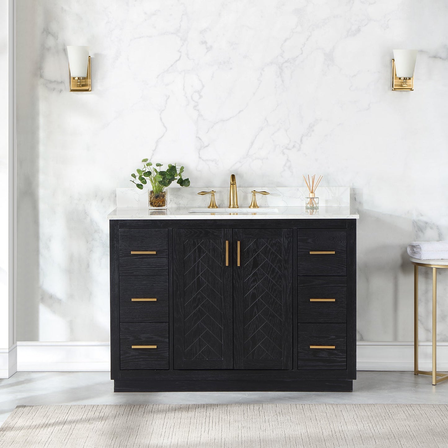 Gazsi 48" Single Bathroom Vanity Set in Black Oak with Grain White Engineered Stone Countertop without Mirror