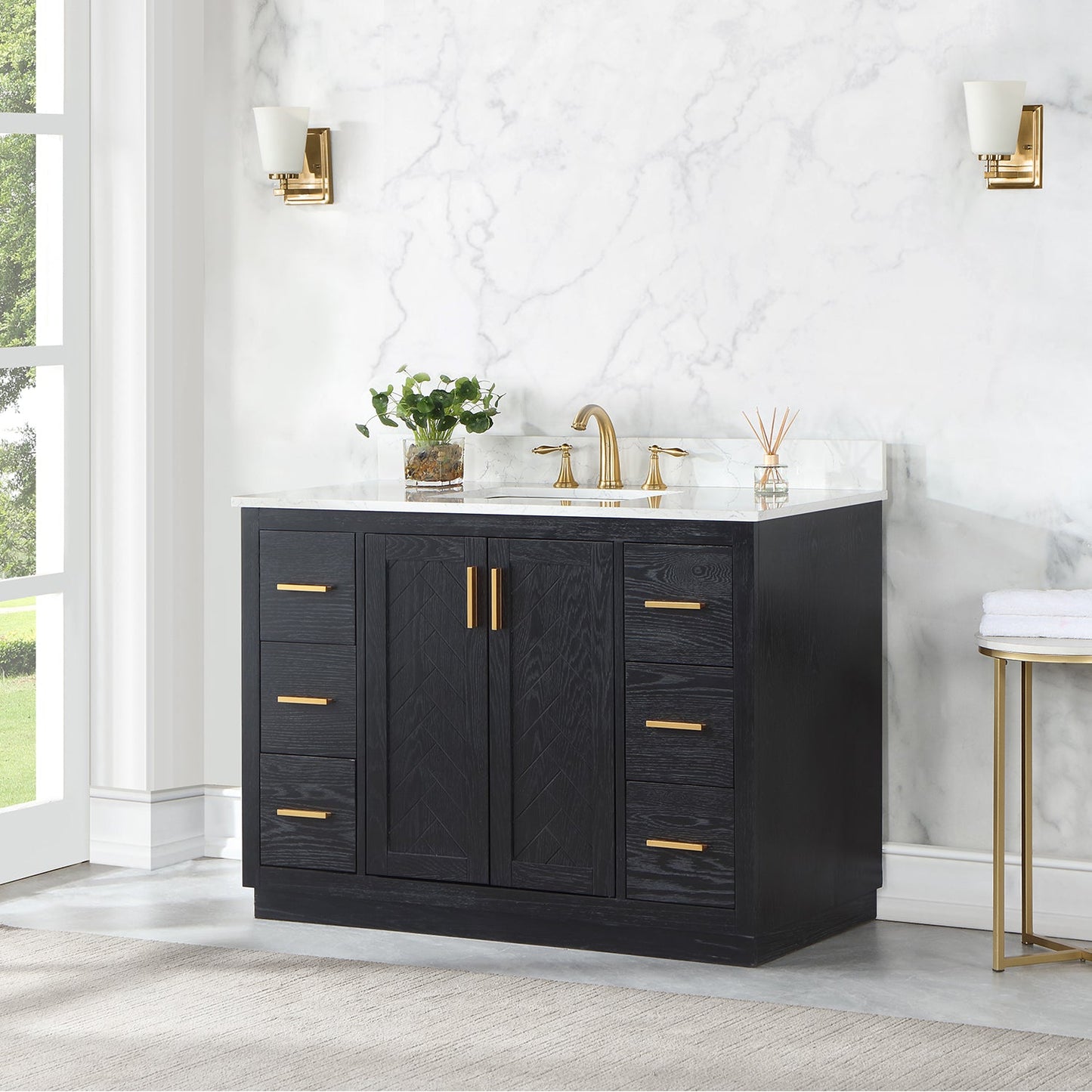 Gazsi 48" Single Bathroom Vanity Set in Black Oak with Grain White Engineered Stone Countertop without Mirror