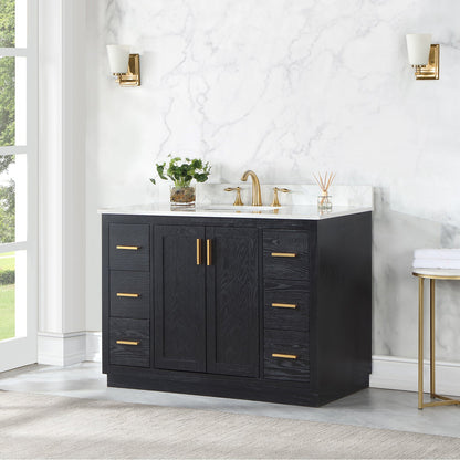 Gazsi 48" Single Bathroom Vanity Set in Black Oak with Grain White Engineered Stone Countertop without Mirror