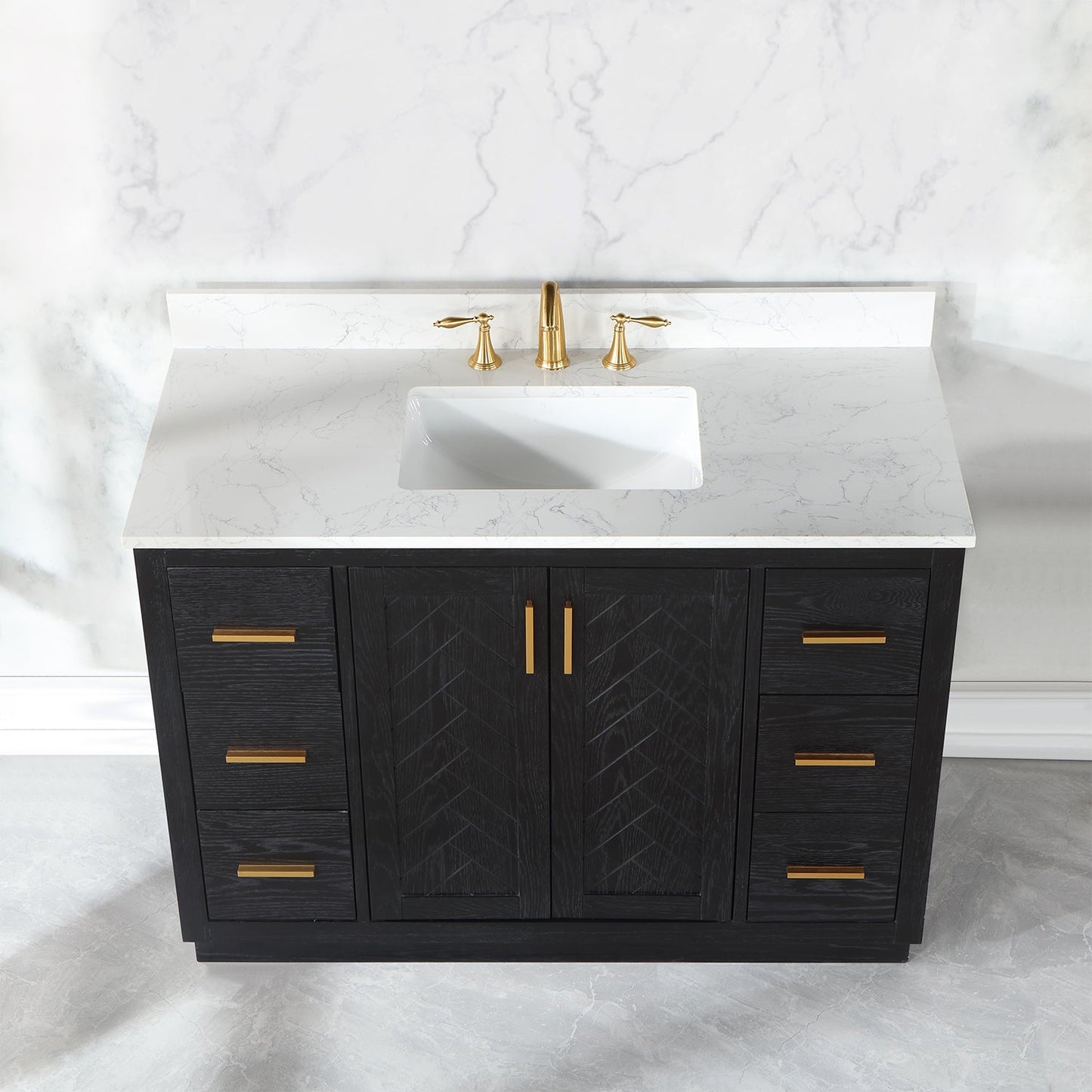 Gazsi 48" Single Bathroom Vanity Set in Black Oak with Grain White Engineered Stone Countertop without Mirror
