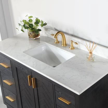 Gazsi 48" Single Bathroom Vanity Set in Black Oak with Grain White Engineered Stone Countertop without Mirror