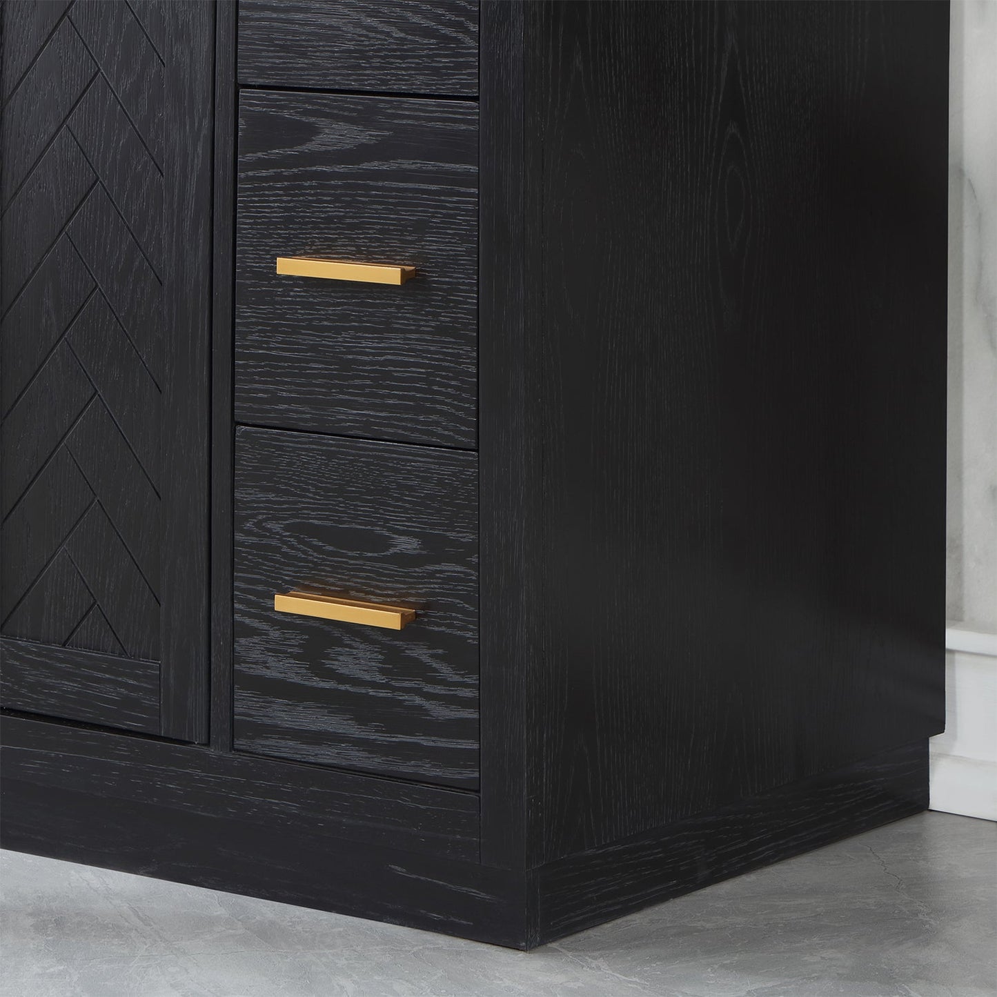 Gazsi 48" Single Bathroom Vanity Set in Black Oak with Grain White Engineered Stone Countertop without Mirror