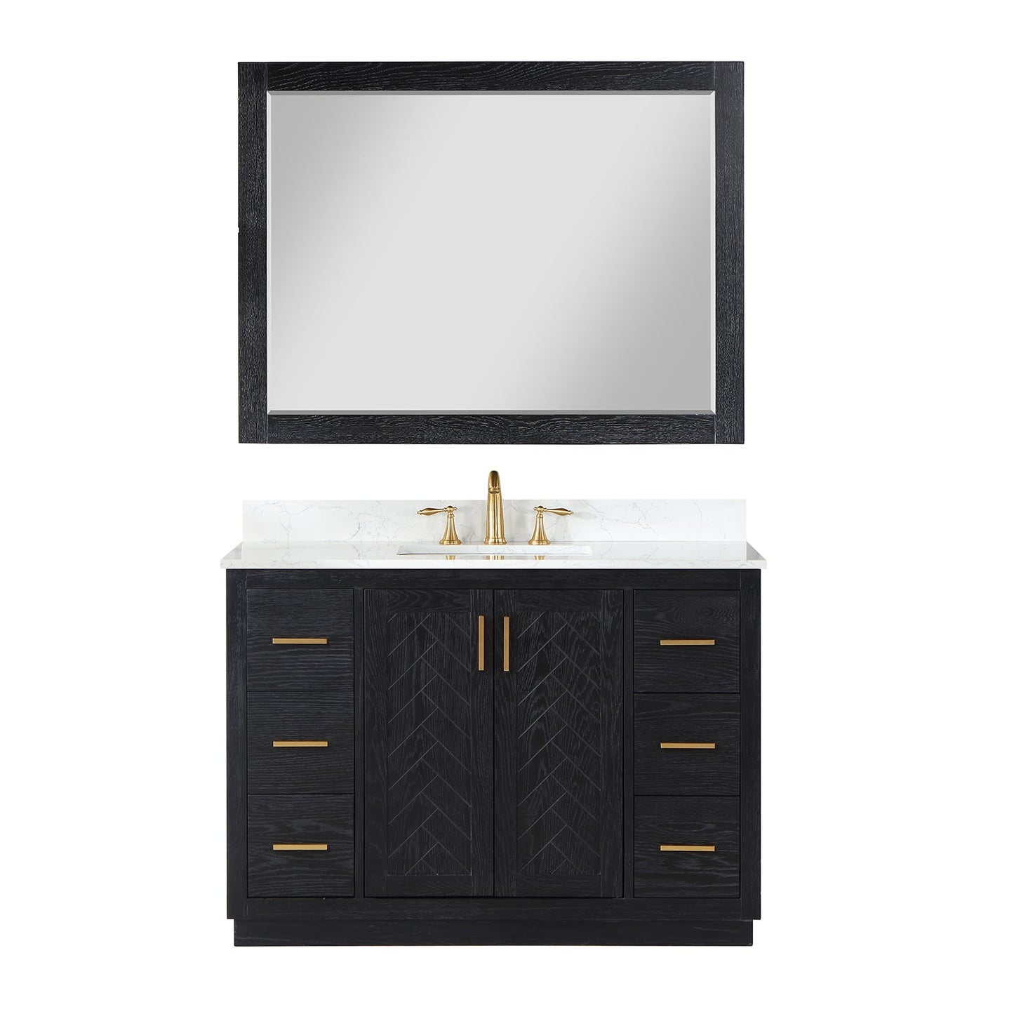 Gazsi 48" Single Bathroom Vanity Set in Black Oak with Grain White Engineered Stone Countertop with Mirror