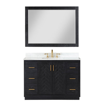 Gazsi 48" Single Bathroom Vanity Set in Black Oak with Grain White Engineered Stone Countertop with Mirror