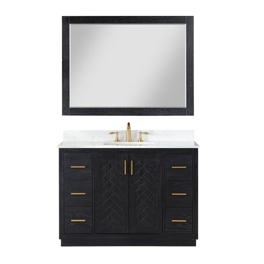 Gazsi 48" Single Bathroom Vanity Set in Black Oak with Grain White Engineered Stone Countertop with Mirror