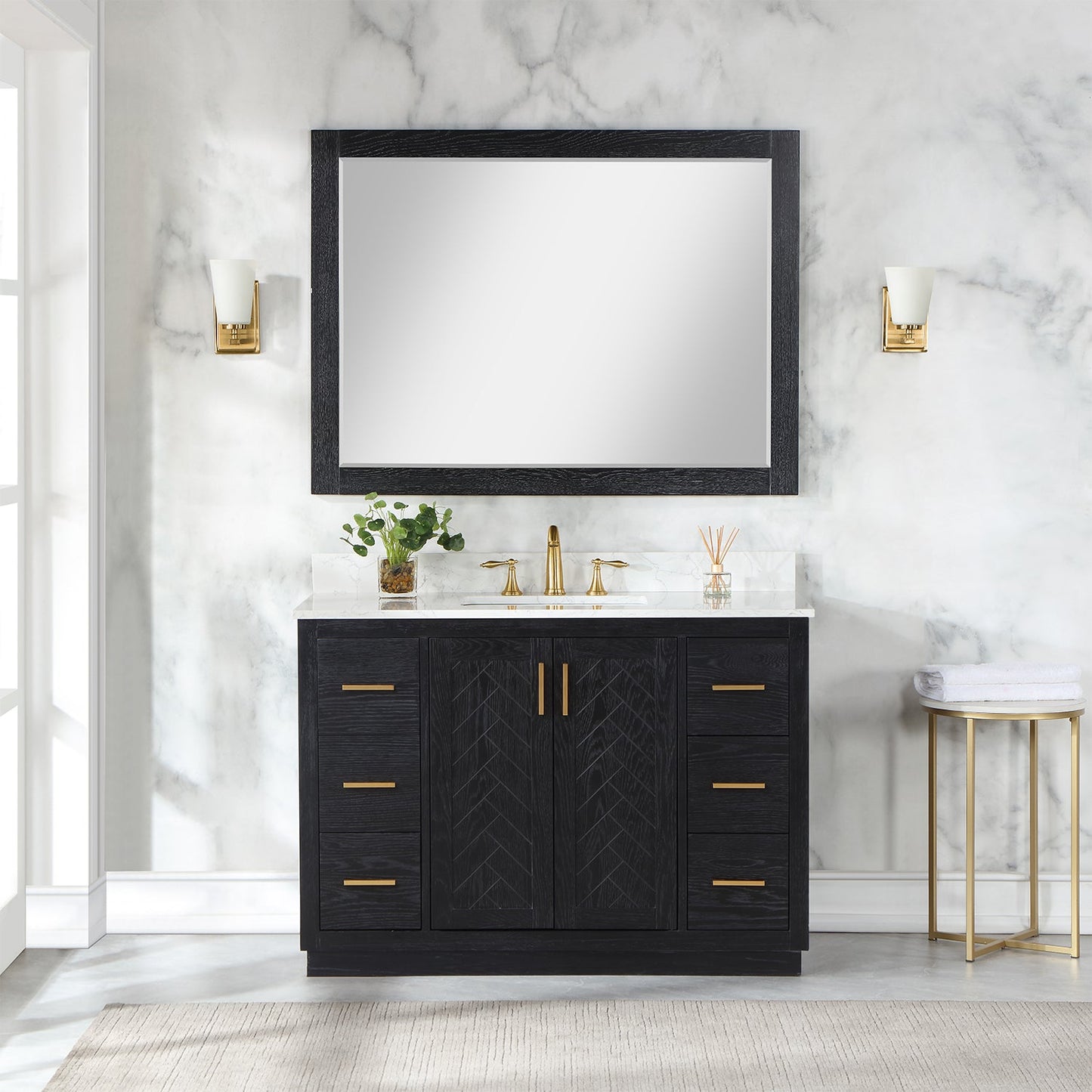 Gazsi 48" Single Bathroom Vanity Set in Black Oak with Grain White Engineered Stone Countertop with Mirror